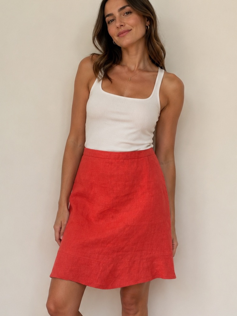 Harve Benard Coral-Red A-Line Linen Skirt